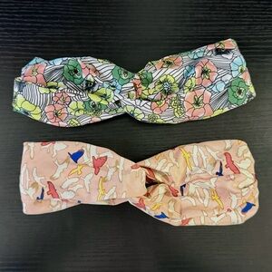 Set of 2 Floral and Bird Print Knotted Headbands - Pink & Multicolor